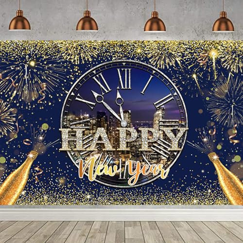 Hnmdmyi 3.6x3m Fotohintergrund Neues Jahr Blau Gold Champagner Feuerwerk Countdown Uhr Glitter Dots Fotografie Hintergrund Silvester Urlaub Party Dekorationen Banner Photo Booth Requisiten