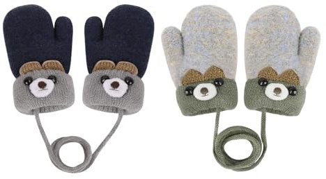 2 Paires Moufle Hiver Fille Garçon Moufle Epais avec Ficelle Gant Chaud Doublure en Polaire Moufle Mignon en motif d'Ours Gants Doux pour Enfants de 0 à 3 Ans