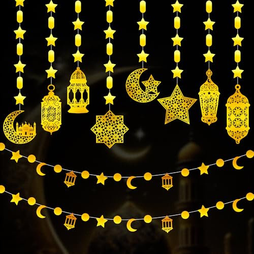 ASOFTY Eid Dekoration, 8 Stück Eid Gold Stern Mond Laterne Girlande Anhänger mit 4M Lange Kette Dekoration, Eid Hängende Dekoration, Eid Mubarak Dekoration für Wand, Tür, Fenster, Bäumen Koration