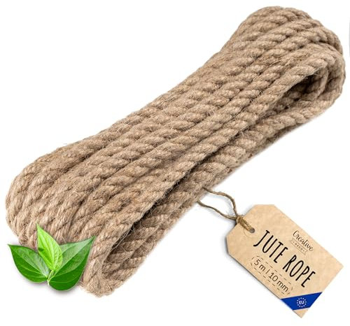 Creative Deco Thick Heavy Duty Jute Rope Natural Brown | 5mx10mm | Twisted Hemp Rope | Personalisation Every 5m | Twine Decking Rope Cord Cat Arts Crafts Garden Hammock Swing | Strong Durable String