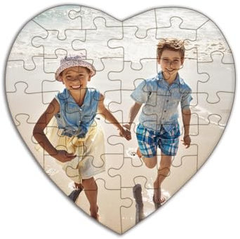 Personalisierbares Fotopuzzle aus Holz in Herz-Form - 34 Teile, 28 x 28 cm - mit eigenen Bildern und Texten gestalten - optional mit Geschenkbox