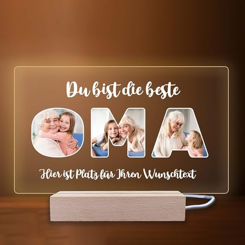 INDIGOS UG - LED Lampe personalisiert - Oma - Du bist die beste - Bild mit Wunschtext - Wunschname - personalisiertes Nachtlicht - Geschenk, Geburtstag, Weihnachten - optionale Lampe warmweiß