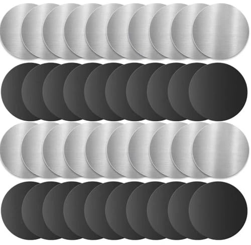 Aenienoe Klebeplatten Metall Metallplatte Metallplättchen Selbstklebend Metallplatte für Magnete zum kleben Set Handyhülle Rund Dünn Magnetaufkleber Stark Kleber Schwarz + Silber 40 Stück