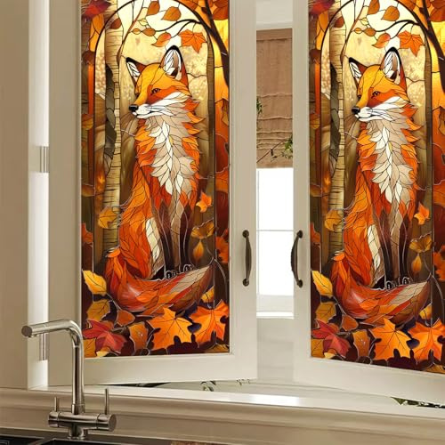 HOMETITUTE Fox Stained Glass Window Film 17.7x39.3 inch Window Privacy Film Sun Blocking Static Cling Sticker Privacy Decorative Fall Thanksgiving Window Cover for Bathroom Home Entryway Glass Decor