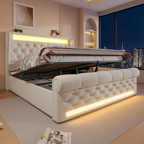 Polsterbett Doppelbett 160x200 cm, Bett mit Hydraulischem Stauraum&LED-Beleuchtung&USB Typ-C Anschlüssen, Stauraumbett Jugendbett Funktionsbett Bettgestell mit Lattenrost, Samt, Ohne Matratze, Beige