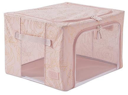 Periea ‘Beau’ Folding Collapsible Stackable Fabric Home Storage Boxes with Steel Frames (Metallic Floral Blush, Small)