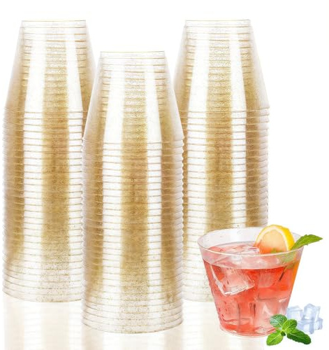 Kozdtiz Clear Hard Plastic Cups, 30 PCS Plastic Party Cups with Gold Glitter, Party Wine Glasses, Reusable Plastic Cups for Drinks Cocktail Dessert Wedding Parties 6.8 x 4.3 x 5.8 cm (Gold Glitter)