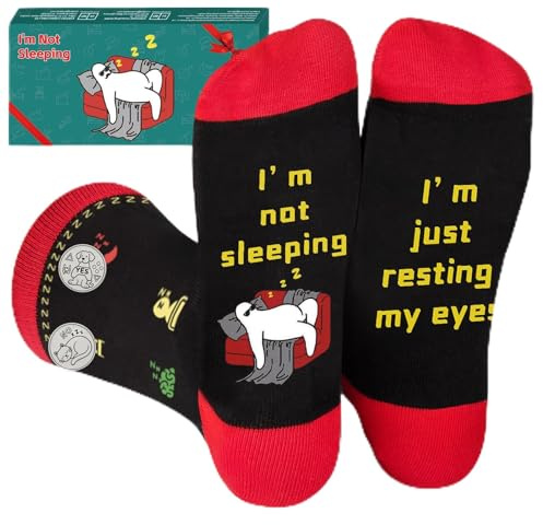 Lustige Socken – ‘I’m not sleeping’ & ‘I’m just resting my eyes’ – Schwarze Baumwollsocken mit Cartoon-Design – Ideal für Entspannungsfreunde