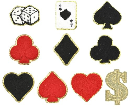 Stiesy Aufnäher zum Aufbügeln, Motiv: Spielkarte, Las Vegas, Poker, Rot, Schwarz, Herz, Diamanten, Spaten, Würfel, Dollarzeichen, bestickt, für Kleidung, Hüte, Jacken, Rucksäcke, Applikationen