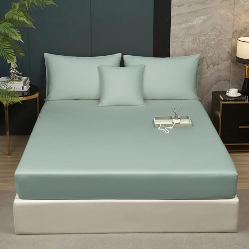 Luofanfei Mako Satin Baumwolle Spannbettlaken 180x200 Grün Salbeigrün | Boxspringbett Topper ÖKO-TEX Bettlaken,Kühlend Glatt Muster und Atmungsaktiv Spannbetttücher,für Hohe Matratze bis 25-30 cm