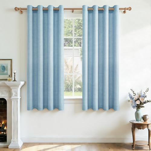CUTEWIND Leinenoptik Gardinen mit Ösen Blau Wohnzimmer Modern Kurz Fenster 2er Set H 160 x B 140 cm, Leinenvorhänge Vorhang Halbtransparent für Schlafzimmer Kinderzimmer Küche