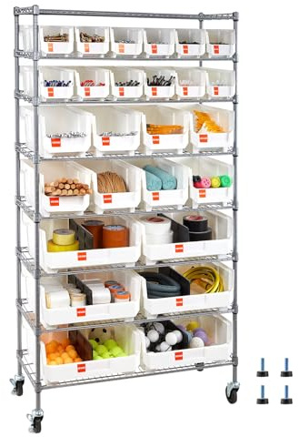 VEVOR 8-Tier Rolling Bin Storage Rack, 26 Organizer Bins, Bin Rack Storage Steel Wire Shelving System with Wheels, Mobile Tool Organizer for Garage, Warehouse, Office, Restaurant, Classroom, Kitchen