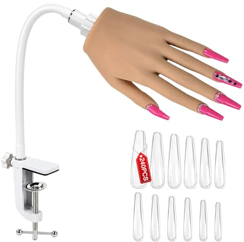 XJDR Silicone Nail Practice Hand - 240PCS Nails Included, Lifelike Mannequin Hand for Acrylic and Silicone, Professional Fake Hand Display for Salon Use and Nail Art Training