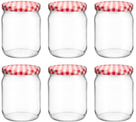 hocz 6x Einmachgläser 500 ml | mit Deckel Rot Kariert TO 82 | leere Gläser mit Schraubdeckel zum befüllen | Sturzgläser, Schraubgläser, Marmeladengläser Set | 6 Stück