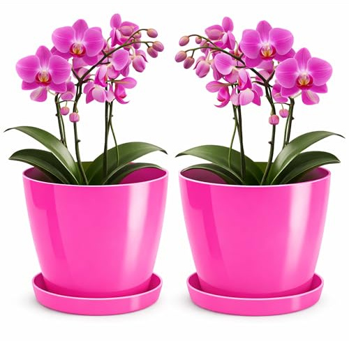 PECZEKO Blumentopf glänzender, Pflanzkübel aus Übertopf Kunststoff Dekorativer Topf für, groß und klein Pflanzen, 2er-Set blumenkübel mit Untersetzer, blumenkübel kräutertopf, Fuchsia, ø 12 cm