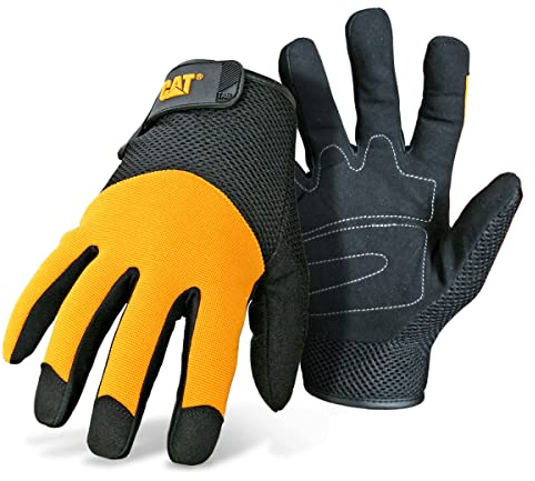 Caterpillar CAT012215J Padded Palm Utility Glove with a Mesh Spandex Back. Black Palm and Yellow Back. Size Jumbo.