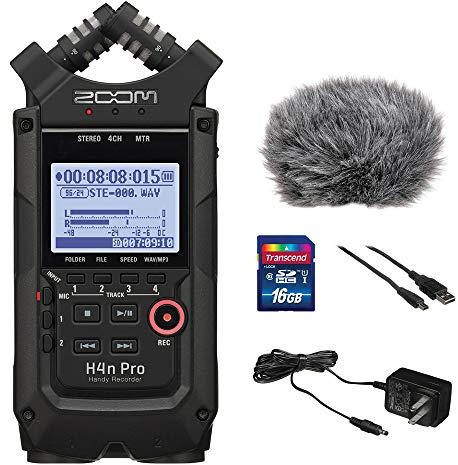 Zoom H4n Pro All Black 4-Track Portable Recorder (2020 Model) with Zoom AD-14 AC Adapter, Windbuster, 16GB Memory Card & USB Cable Bundle