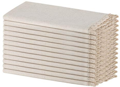 SweetNeedle - (Pack of 12) - Linen Flax Napkins with Crochet Lace Designer Dinner Cloth Napkin 50x50 CM (20x20 IN) in Natural - Premium Look, Flax Cotton Blend - 100% Cellulose Natural Fiber