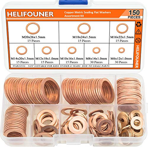 Copper Washers, SELIKOUR 150PCS 8 Sizes Copper Metric Sealing Washers Flat Washers Assortment Kit