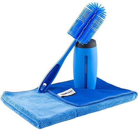 Kochblume Reinigungs-Set | Silikon Spülbürste & Dosierspender & Geschirrtuch 60x40cm | Premium-Silikon und extra saugfähige Fasern | Poliertuch | Dosieröffnung und Sichtfenster | Farbe: blau