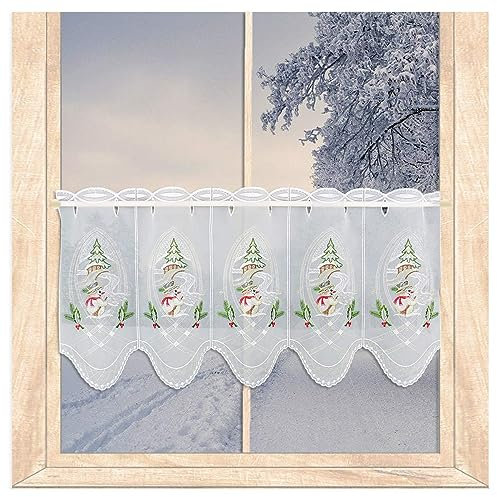 atelier alles-Spitze Winter-Scheibengardine Kleiner Schneemann mit Tannenbaum | Zauberhaft bestickte halbtransparente Kurzgardine | Höhe x Breite 35 x 96 cm