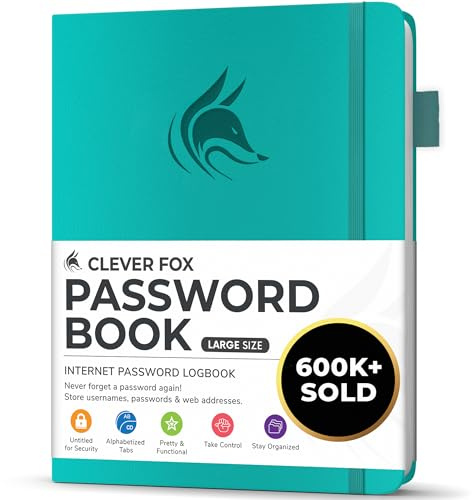Clever Fox Password Book with Alphabetical Tabs, 18x25 Keeper Turquoise | Hardcover 18 x 25cm, large password keeper & internet address book for seniors, office supplies, website login organizer