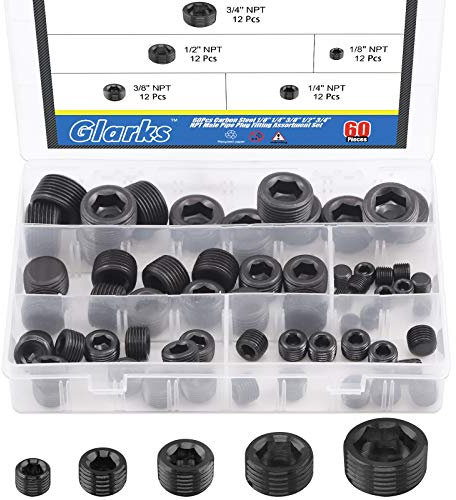 Glarks 60 Stück Kohlenstoffstahl 1/8 Zoll 1/4 Zoll 3/8 Zoll 1/2 Zoll 3/4 Zoll NPT Rohrstopfen-Sortiment Set Innensechskantgewinde Stecker-Kit