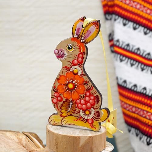 Schöner Osterhase Deko für den Osterstrauß aus Holz Handbemalt - Hasen Osterdekoration zum Aufhängen nach Ukrainischer Tradition der Handarbeit