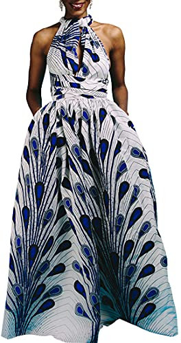OLIPHEE Robe Femme Imprimer lâche Grande Taille Afrique sans Manches Une épaule De Multiples Façons De Porter(S, Plume Bleue sur Blanc)