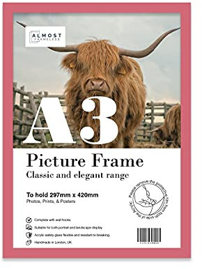 A3 Pink Picture Frame, Fits A3 (29.7 x 42cm - 11.7 x 16.5in) Poster, Photo, or Print. Portrait and Horizontal Wall Hooks