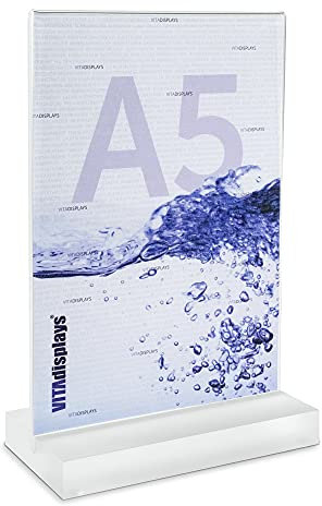 VITAdisplays DIN A5 Werbeaufsteller mit massiver, satinierter PLEXIGLAS Basis, T-Ständer, T-Aufsteller als Tischaufsteller