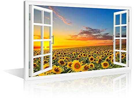 TISHIRON Wanddekoration, Sonnenblume, 3D-Fensteransicht für Wohnzimmer, Malerei, Bilder, Druck auf Leinwand, Wandkunst, Holzrahmen, fertig zum Aufhängen, 45,7 x 30,5 cm