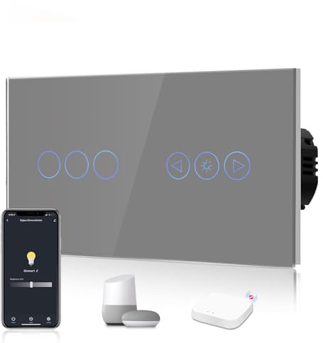 BSEED Zigbee Dimmer Interruttore con Smart Single Live ZigBee, 3 prese, 1 via, Alexa, Touch da parete, interruttore in vetro (richiesto Hub ZigBee), grigio