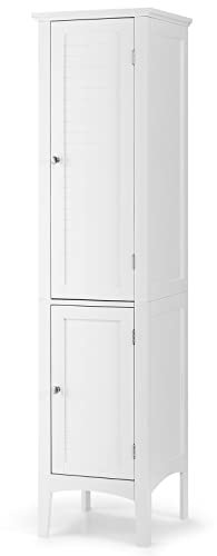 COSTWAY Bathroom Tall Cabinet, Freestanding Storage Cupboard with 2 Doors and 5-Tier Shelves, Wooden Slim High Floor Cabinet for Living Room Kitchen Hallway (White)
