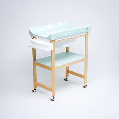 PLASTIMYR - Mueble Bañera Cambiador Bebé | Ruedas para Movilidad | Colchoneta Mint Safari | Estantería PVC y Cubeta Rígida | Incluye Manguera Desagüe, Sobrebidé Tgw Mint - 102, Madera