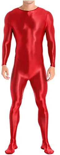 iEFiEL Herren Öl Ganzkörperanzug Langarm Ganzkörper Stretch Overall Einfarbig Glänzende Jumpsuit Leggings Sportanzug Rot XL