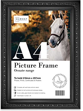 Almost Frameless A4 Black Ornate Picture Frame Fits A4 (21 x 29.7cm - 8.3 x 11.7in) Poster, Photo, Artwork, or Print. Elegant Style Portrait and Landscape Display with Wall Hooks