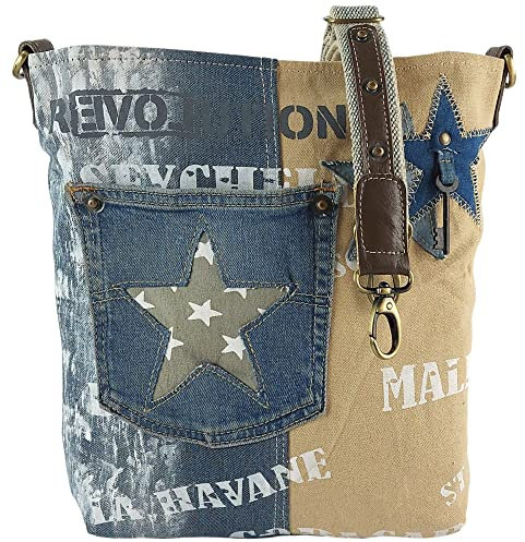 Sunsa Damen Tasche. Nachhaltige Umhängetasche. Handtasche aus recycelte Jeans & Canvas Schultertasche in Vintage Stil mit Stern. Crossover Bag