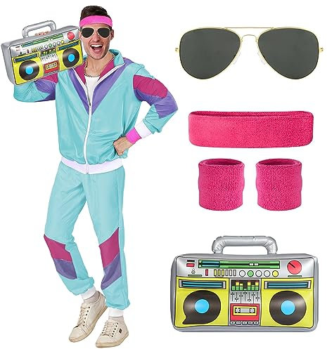 BIQIQI Disfraces Años 80 Hombre Mujer, Disfraz Chándal años 80 con Chaqueta Pantalón Gafas Piloto Diadema Muñequeras y Radio Hinchable Años 80 Para Carnaval y Fiesta Temática (L)