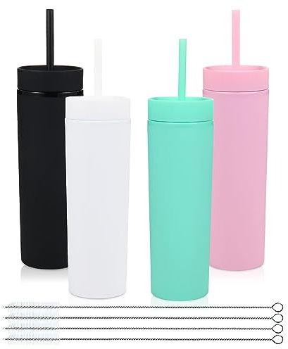 Volhoply 480ml Mug en plastique avec couvercle et paille Bulk 4 Pack, Isolé Double Paroi Bpa Free Matte Acrylique Gobelets, Café glacé Voyage Gobelets Party Cup,Diy(Couleur D'attribution,4 Set)