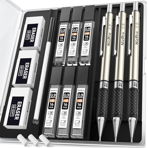 Nicpro 3 Stück Metall Druckbleistift Set mit Etui, Mechanische Bleistifte 0,9 mm Fallminenstift mit 6 Dosen HB Bleistiftminen, 3 Radiergummis, 9 Radiergummi-Minen, Schreiben, Zeichnen und Skizzieren