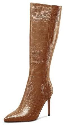 MAGIOPY Donna Alto High Spillo Tacco Heel a Punta Cerniera Altezza Ginocchio Stivali Ballo Feste Casual Dress Inverno Scarpe 10 CM Heels Marrone 45 EU