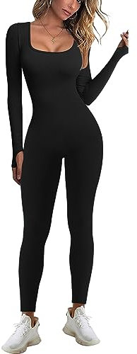 JN JANPRINT Jumpsuit Damen Sport Bodysuit Gerippte Lang Eng Yoga Bodycon Overall Stretch Langarm Strampler Sportanzug Playsuit Trainingsanzug One-Piece(Schwarz,XL)