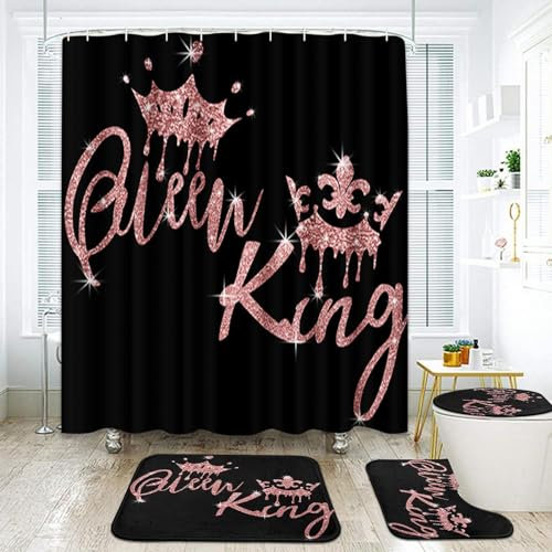 Arttown Pinkes Badezimmer-Set mit Duschvorhang und Teppichen und Zubehör, schwarz-rosa Glitzer-Duschvorhang-Sets, King- und Queensize-Duschvorhänge für Badezimmer, afrikanische amerikanische