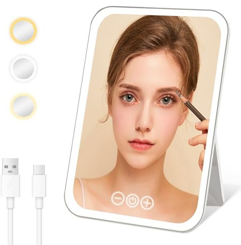 Cuteefun Schminkspiegel mit Beleuchtung, Tragbares Kosmetikspiegel mit Licht, 3 Farblichter, 5 Stufig Dimmbar, USB Aufladbar, LED Tischspiegel für Den Schminktisch, Faltbarer Makeup Spiegel