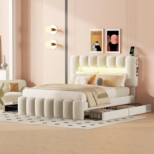 Merax Polsterbett 140x200cm mit LED-Beleuchtung & 4 Schubladen, Doppelbett mit Lattenrost und Höhenverstellbarem Kopfteil, Modern Bett mit USB und Stereoanlage, Samt, Jugendbett, ohne Matratze, Beige