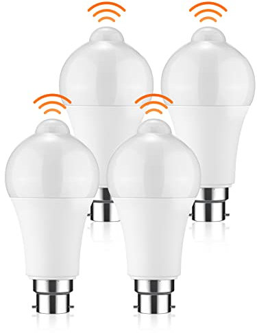 TIMIOTC Motion Sensor Light Bulb - 4 Pack 12W B22 Smart Light Bulbs PIR Motion LED Bulb Auto On/Off Bayonet Smart Life Bulb for Stairs Garage Basement Corridor (Cool White 6000K)