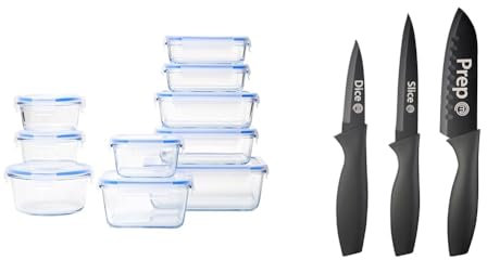 Amazon Basics Glass Locking Food Storage Containers 20 Piece Set (10 Containers + 10 Lids) & MasterChef Knife Set of 3 For Kitchen (Chef, Paring & Utility) Professional, Extra Sharp