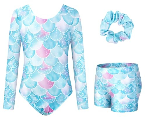 JiAmy body ginnastica artistica ragazza per 3-12 anni | Tuta da danza con glitter, abbigliamento sportivo con pantaloncini e scrunchie, per bambine dai 3 ai 12 anni