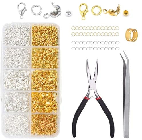Bmeigo 583pcs Jewellery Making Kit Gold Silver, Lobster Clasps, Open Jump Rings, Crimp Ends, Extended Chains, Spacer Beads, Jump Ring Opener, Pliers, Clamp for Bracelets Necklaces Making Crafts DIY